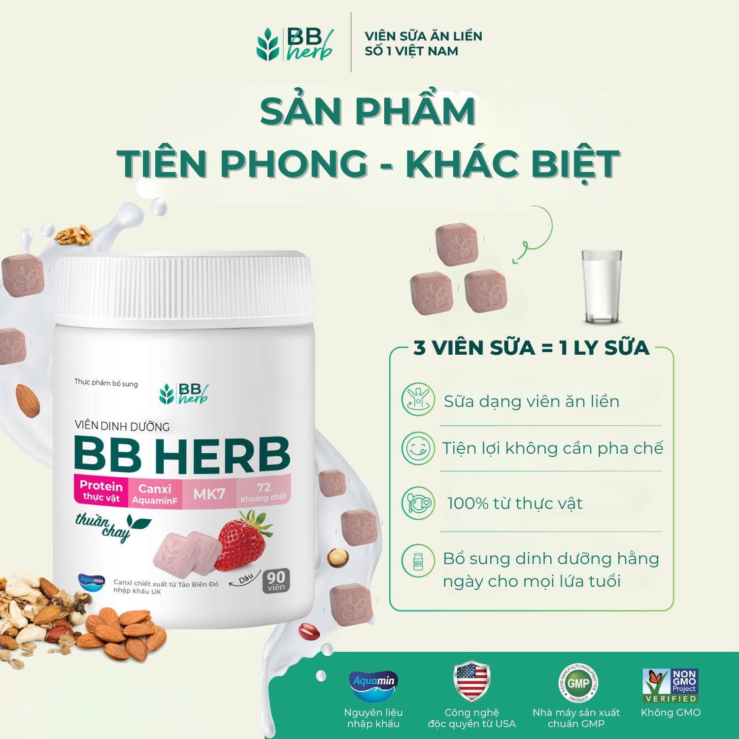 Viên sữa ăn liền BB HERB vị Dâu