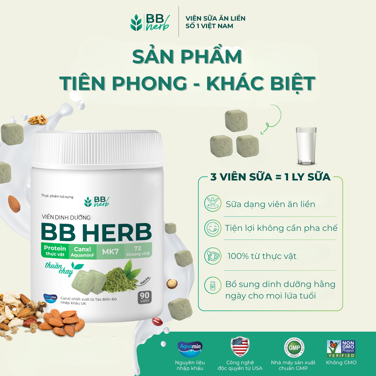 Viên sữa ăn liền BB HERB vị Matcha