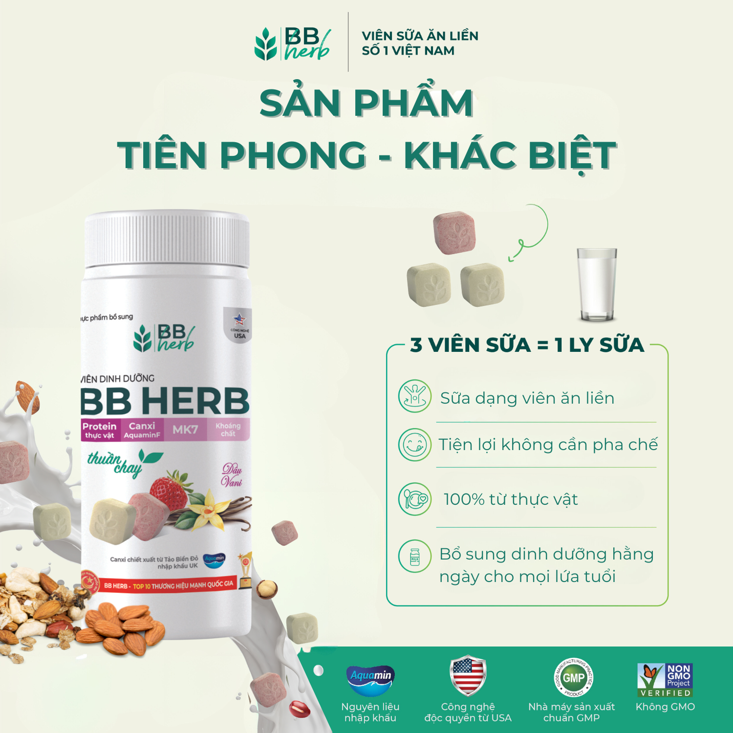 Viên sữa ăn liền BB HERB vị Dâu - Vani